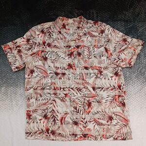 Tommy Bahama Silk Button Up Shirt Red Floral Tropical Leaf Print Men's Sz XLarge
